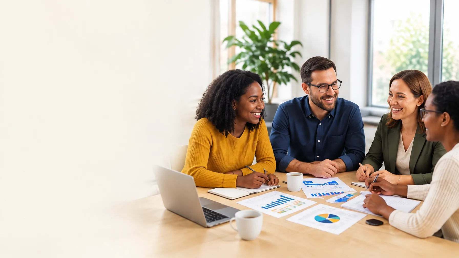 Nonprofit team members reviewing impact charts together around a meeting table